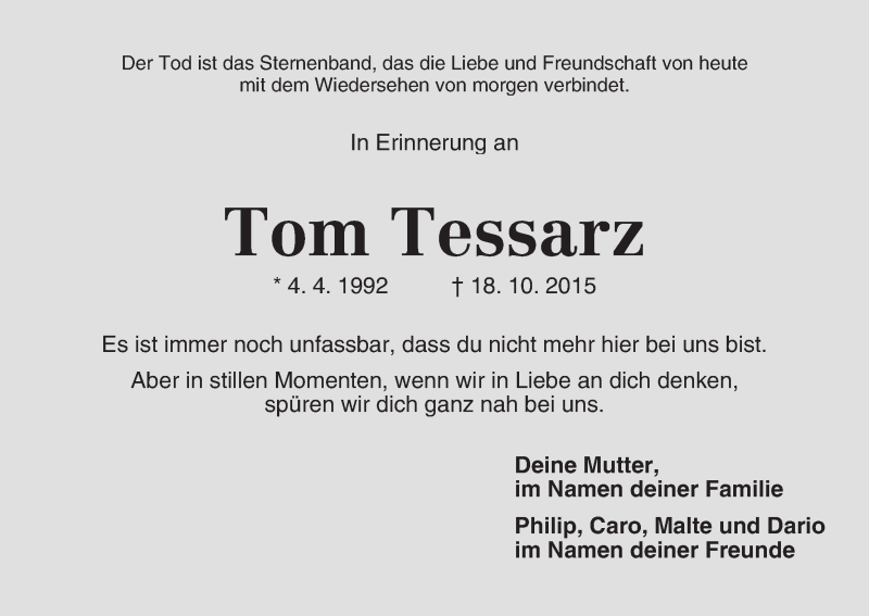  Traueranzeige für Tom Tessarz vom 22.10.2016 aus WESER-KURIER