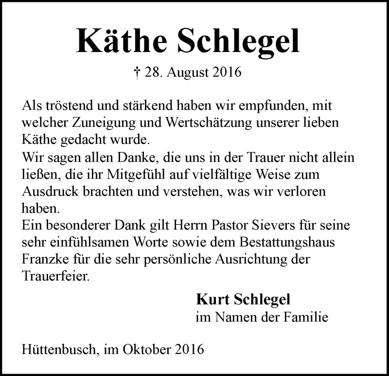 Traueranzeige von Käthe Schlegel von Wuemme Zeitung
