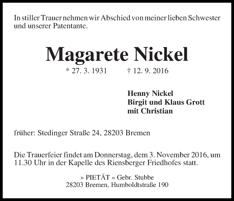 Traueranzeige von Magarete Nickel von WESER-KURIER