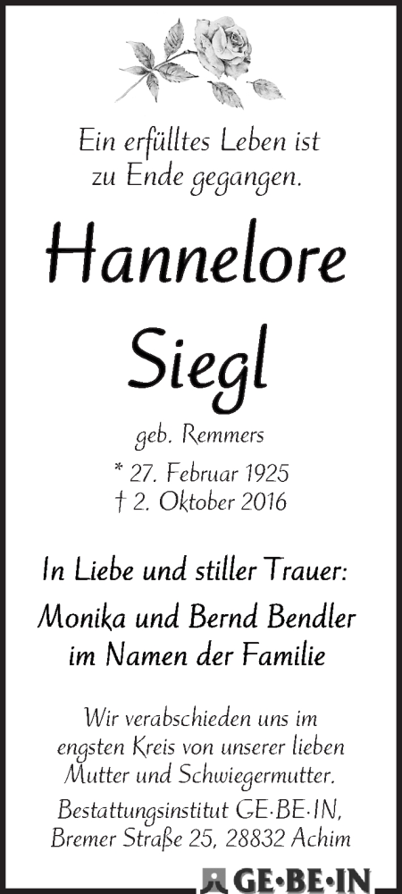 Traueranzeige von Hannelore Siegl von WESER-KURIER