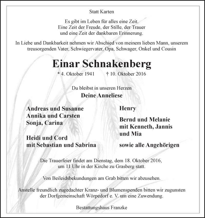 Traueranzeige von Einar Schnakenberg von Wuemme Zeitung
