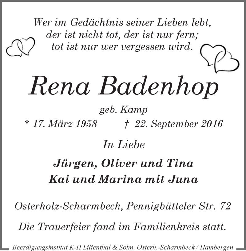  Traueranzeige für Rena Badenhop vom 01.10.2016 aus Osterholzer Kreisblatt