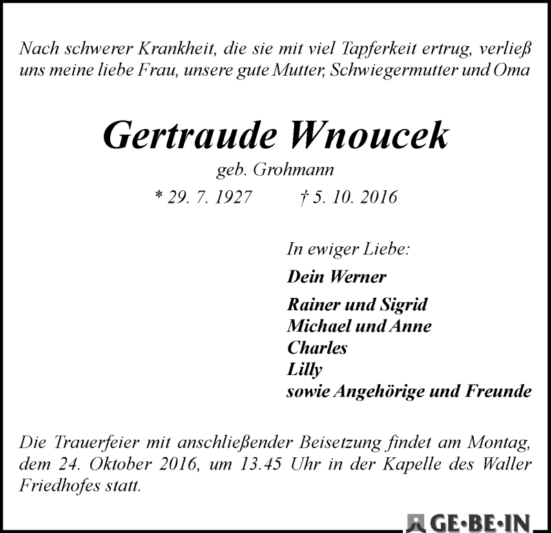 Traueranzeige von Gertraude Wnoucek von WESER-KURIER