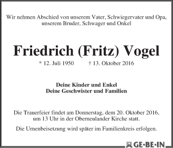 Traueranzeige von Friedrich (Fritz) Vogel