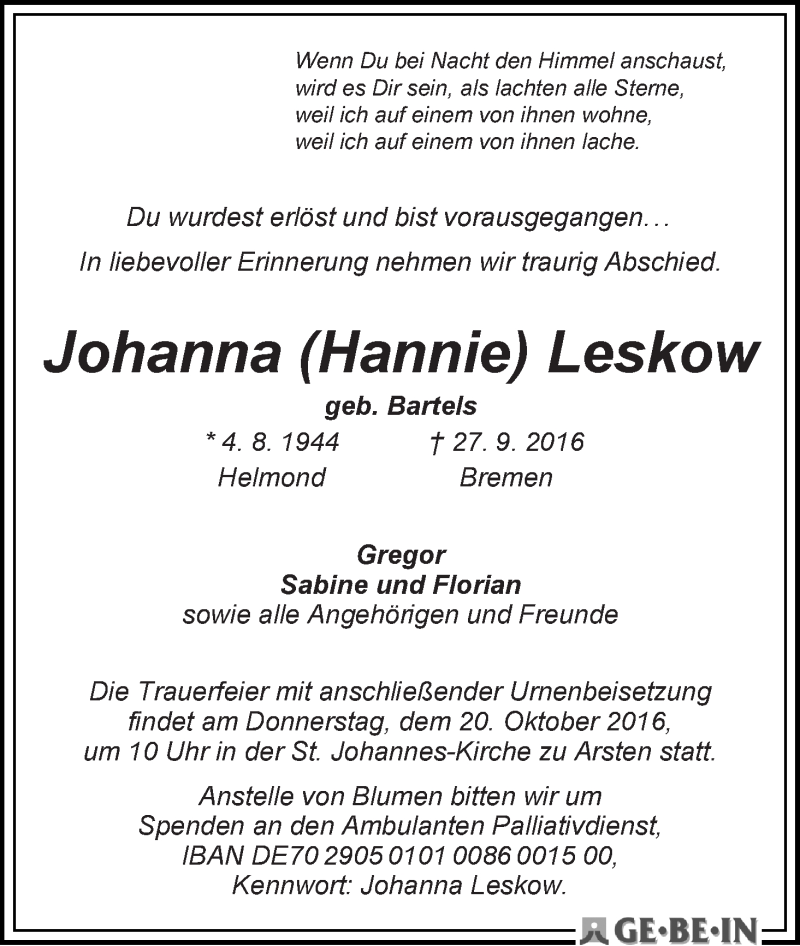 Traueranzeige von Johanna Leskow von WESER-KURIER