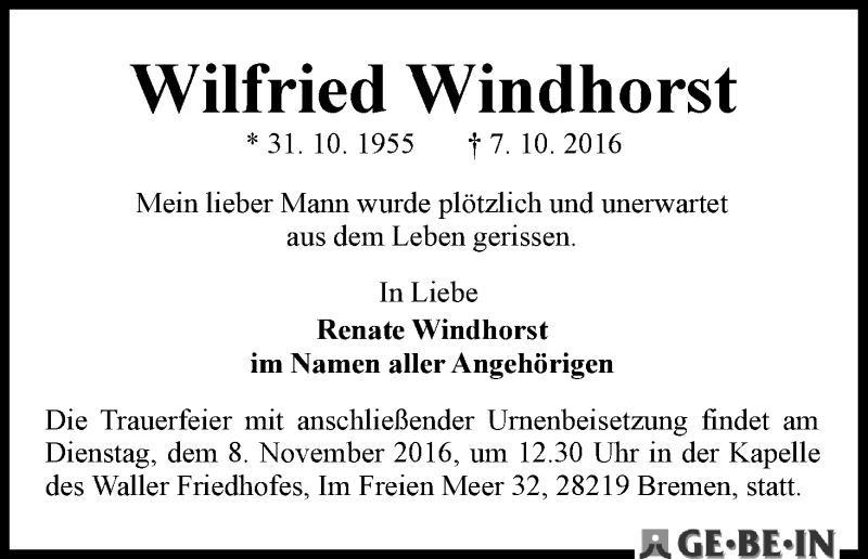Traueranzeige von Wilfried Windhorst von WESER-KURIER