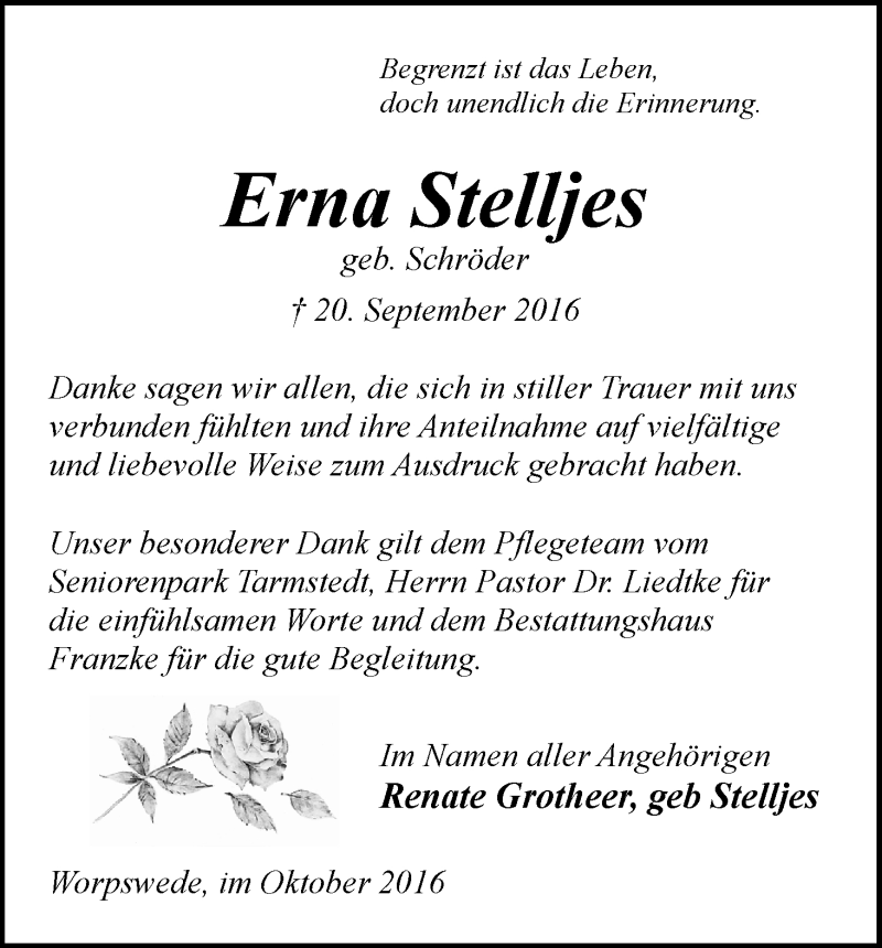 Traueranzeige von Erna Stelljes von Wuemme Zeitung