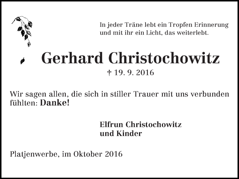 Traueranzeige von Gerhard Christochowitz von Die Norddeutsche