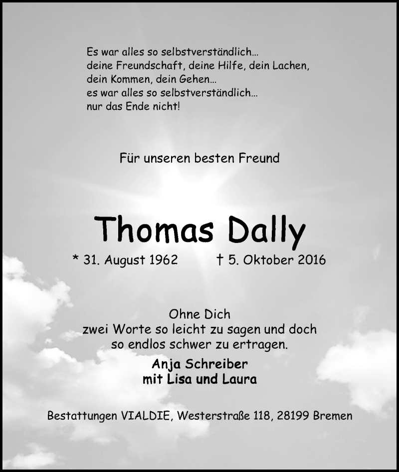  Traueranzeige für Thomas Dally vom 08.10.2016 aus WESER-KURIER