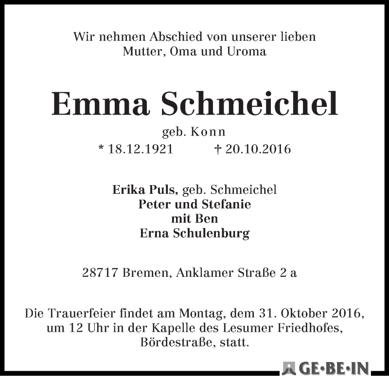 Traueranzeige von Emma Schmeichel von Die Norddeutsche