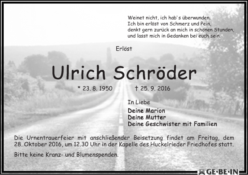 Traueranzeige von Ulrich Schröder von WESER-KURIER
