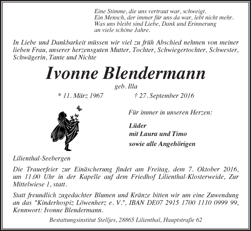 Traueranzeige für Ivonne Blendermann vom 01.10.2016 aus Wuemme Zeitung