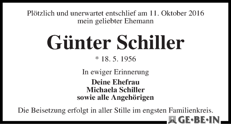  Traueranzeige für Günter Schiller vom 15.10.2016 aus WESER-KURIER