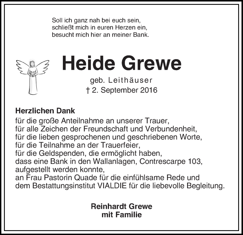  Traueranzeige für Heide Grewe vom 15.10.2016 aus WESER-KURIER