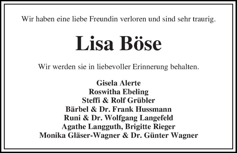 Traueranzeige von Lisa Böse von Wuemme Zeitung