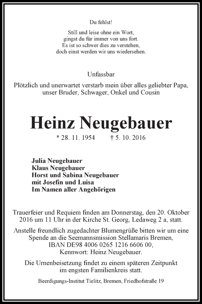 Traueranzeige von Heinz Neugebauer von WESER-KURIER