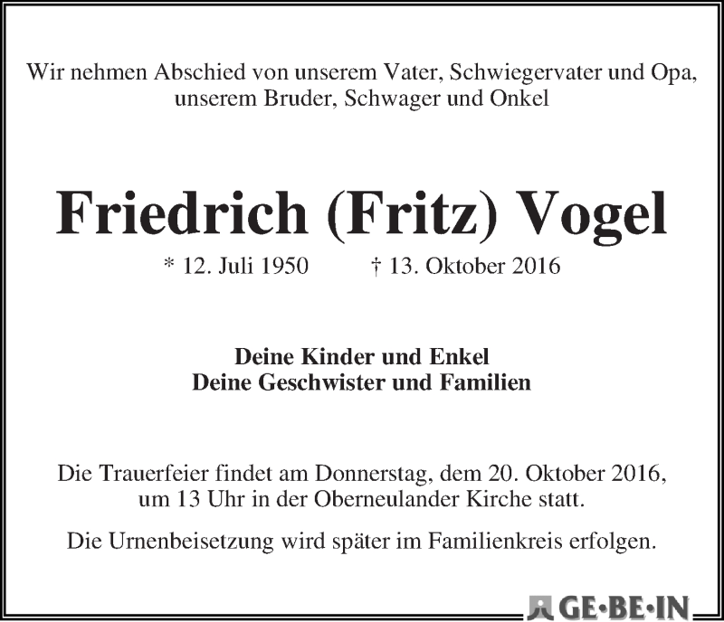 Traueranzeige von Friedrich (Fritz) Vogel von WESER-KURIER
