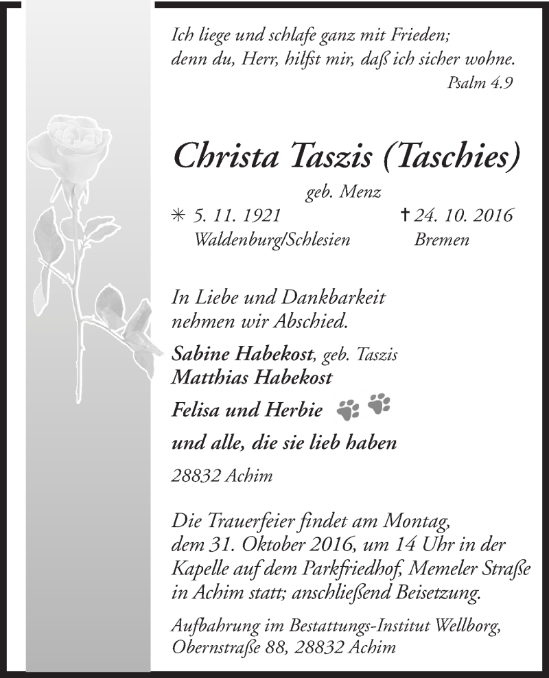 Traueranzeige von Christa Taszis (Taschies) von WESER-KURIER