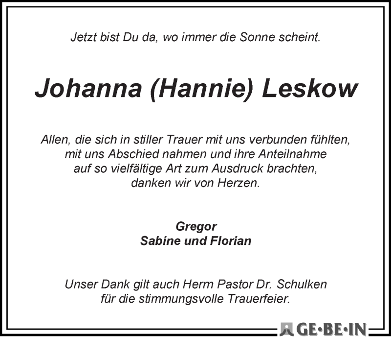 Traueranzeige von Johanna (Hannie) Leskow von WESER-KURIER