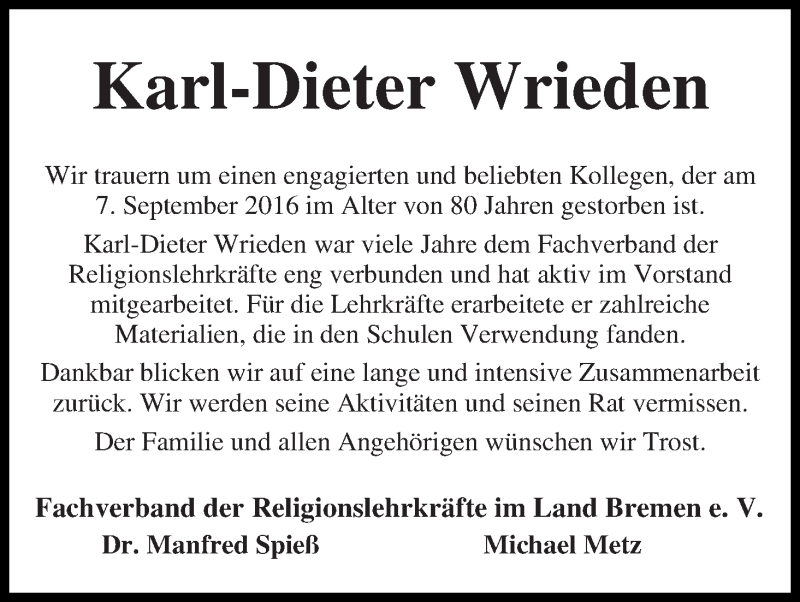 Traueranzeige von Karl-Dieter Wrieden von WESER-KURIER