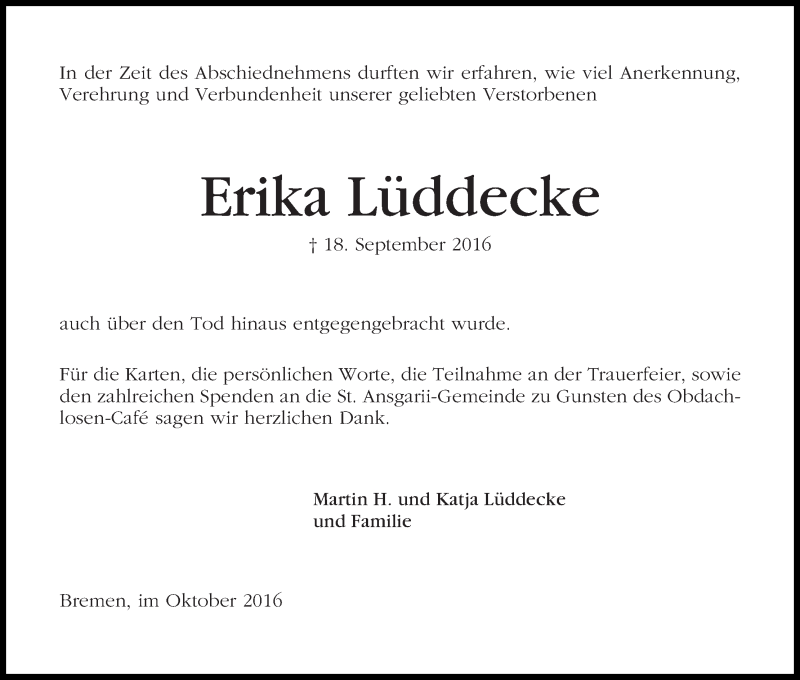 Traueranzeige von Erika Lüddecke von WESER-KURIER