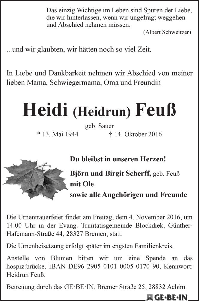 Traueranzeige von Heidi (Heidrun) Feuß von WESER-KURIER
