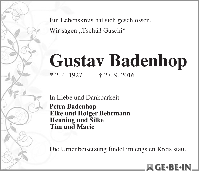 Traueranzeige von Gustav Badenhop von WESER-KURIER