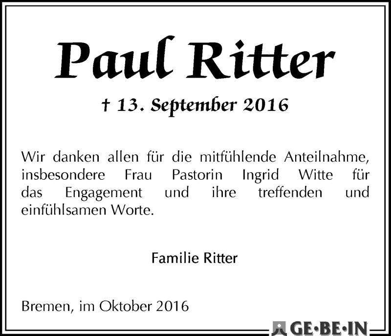 Traueranzeige von Paul Ritter von WESER-KURIER