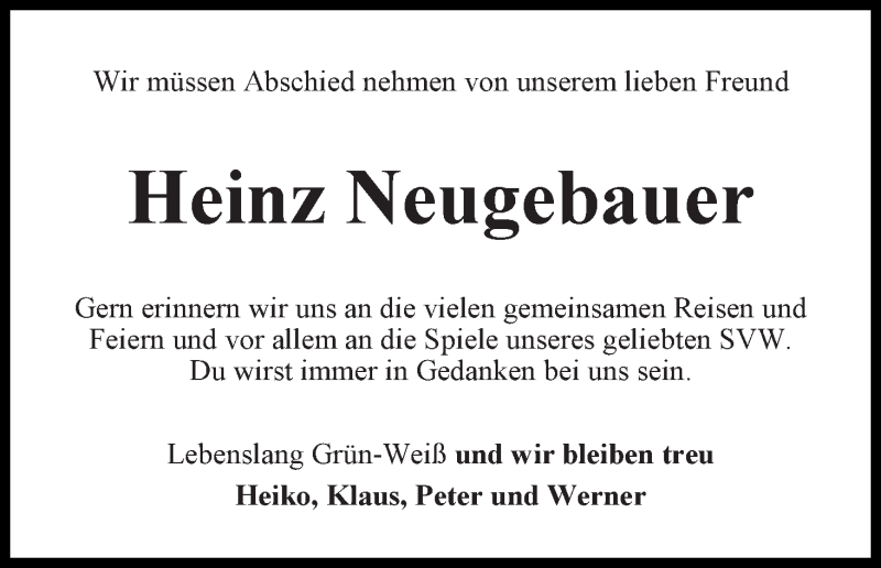 Traueranzeige von Heinz Neugebauer von WESER-KURIER