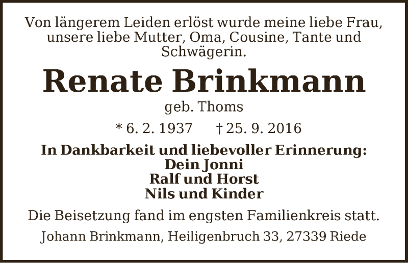  Traueranzeige für Renate Brinkmann vom 08.10.2016 aus Regionale Rundschau/Syker Kurier