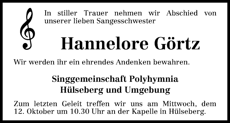  Traueranzeige für Hannelore Görtz vom 10.10.2016 aus Osterholzer Kreisblatt