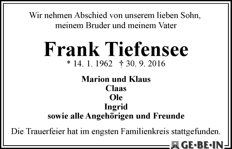  Traueranzeige für Frank Tiefensee vom 18.10.2016 aus WESER-KURIER