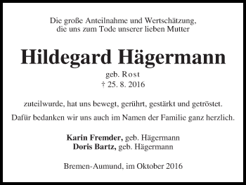 Traueranzeige von Hildegard Hägermann