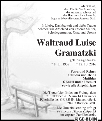Traueranzeige von Waltraud Luise Gramatzki