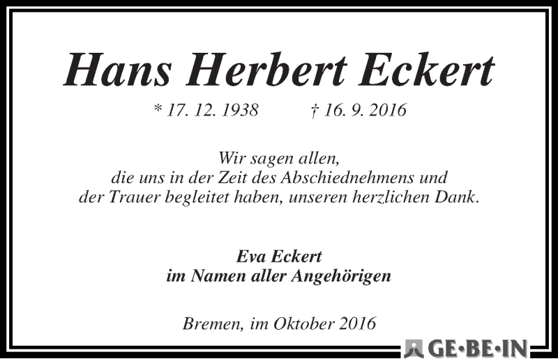 Traueranzeige von Hans Herbert Eckert von WESER-KURIER