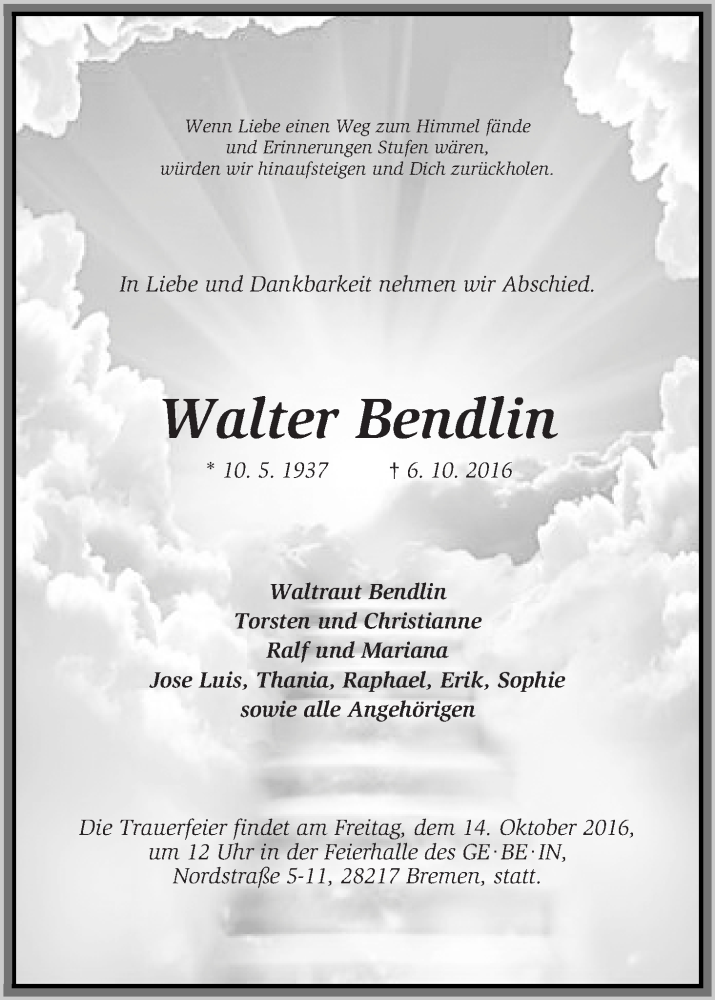 Traueranzeige von Walter Bendlin von WESER-KURIER