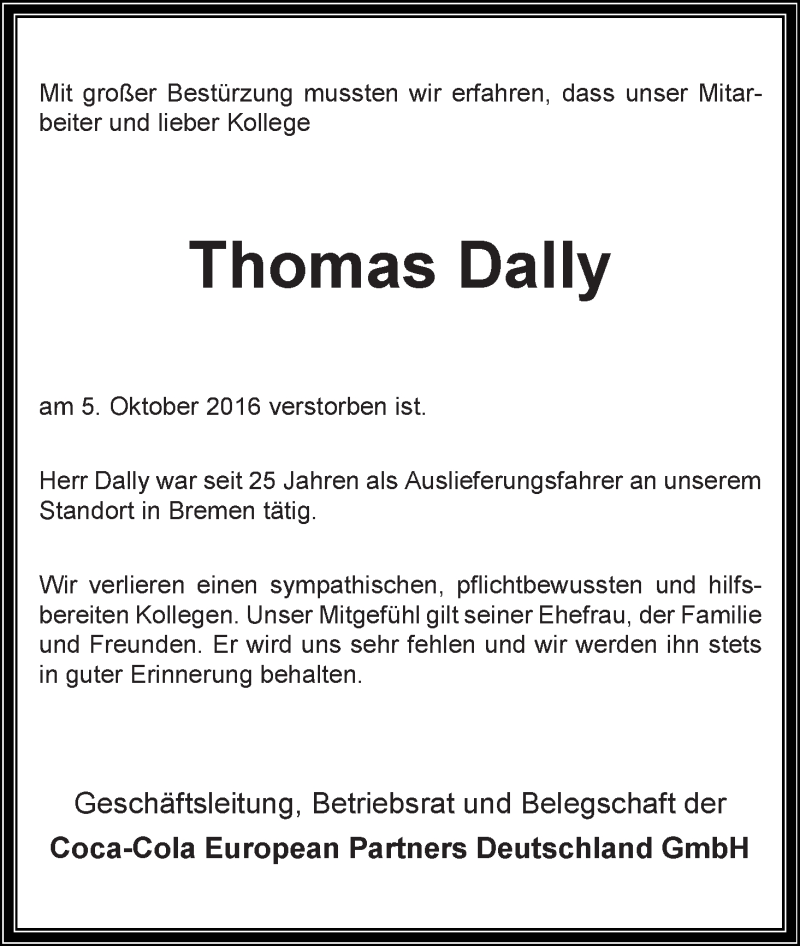  Traueranzeige für Thomas Dally vom 11.10.2016 aus WESER-KURIER