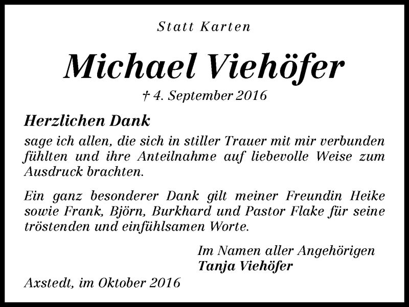 Traueranzeige von Michael Viehöfer von Osterholzer Kreisblatt