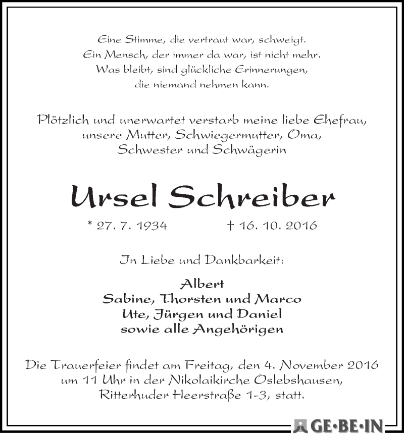 Traueranzeige von Ursel Schreiber von WESER-KURIER