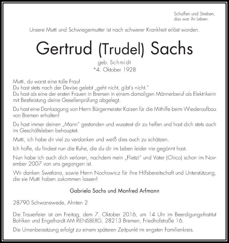 Traueranzeige von Gertrud (Trudel) Sachs von WESER-KURIER