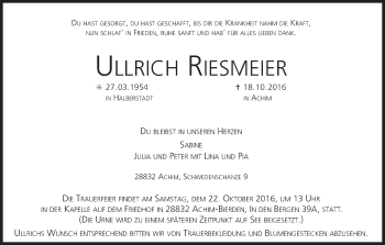 Traueranzeige von Ullrich Riesmeier