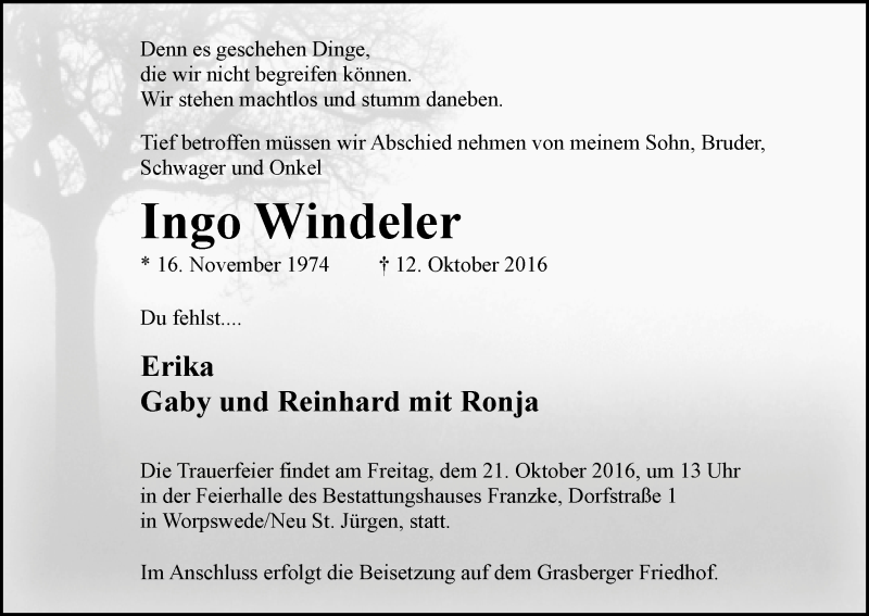  Traueranzeige für Ingo Windeler vom 19.10.2016 aus Wuemme Zeitung