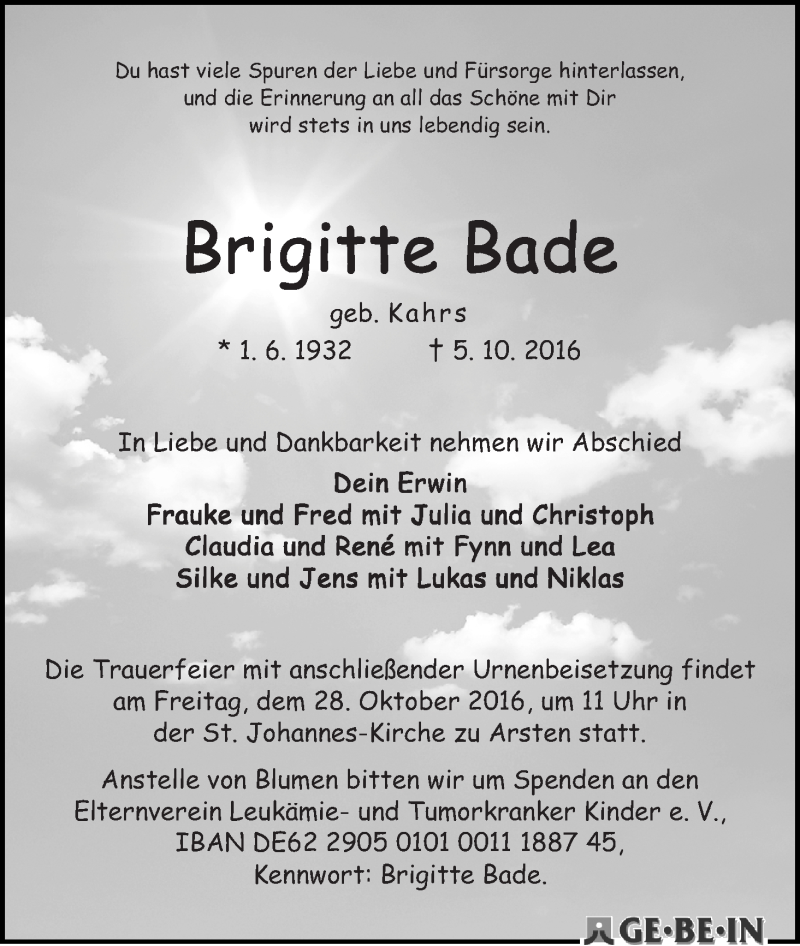 Traueranzeige von Brigitte Bade von WESER-KURIER