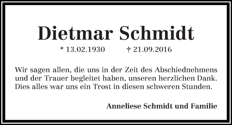 Traueranzeige von Dietmar Schmidt von Die Norddeutsche