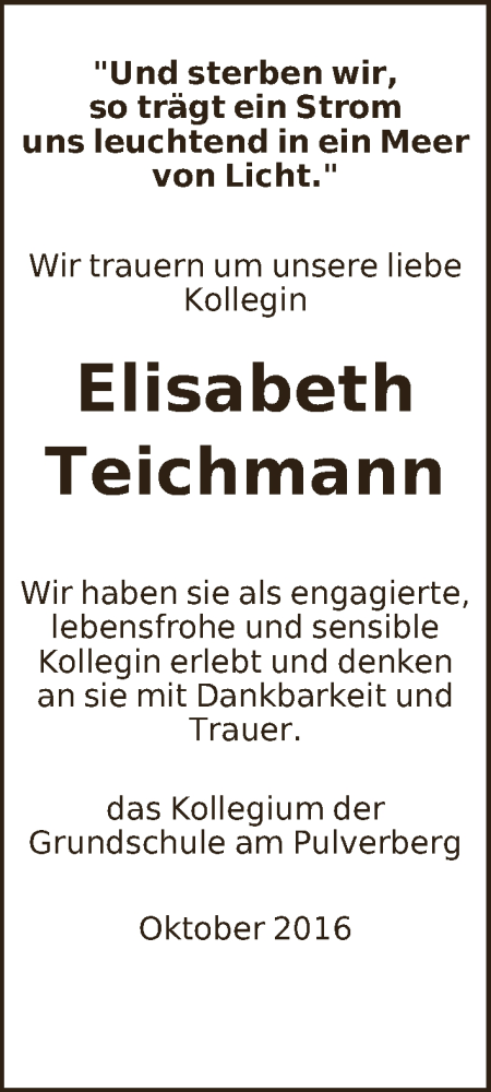  Traueranzeige für Elisabeth Teichmann vom 29.10.2016 aus WESER-KURIER