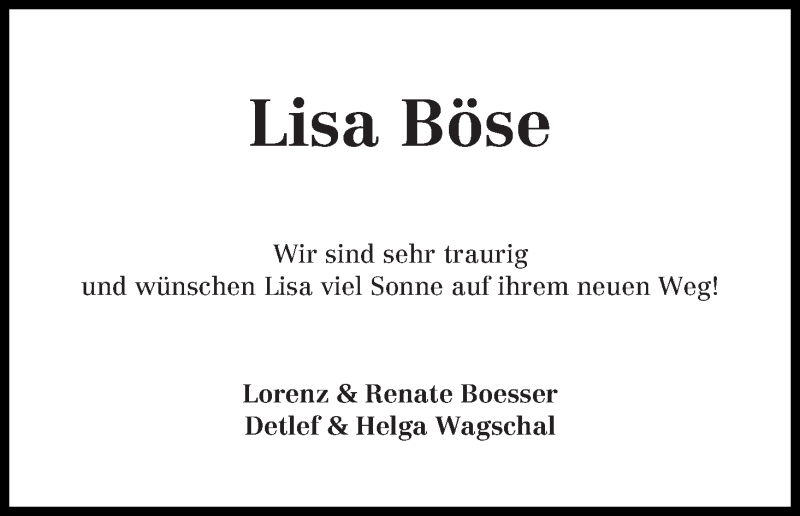 Traueranzeige von Lisa Böse von Wuemme Zeitung