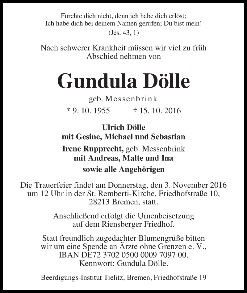 Traueranzeige von Gundula Dölle von WESER-KURIER