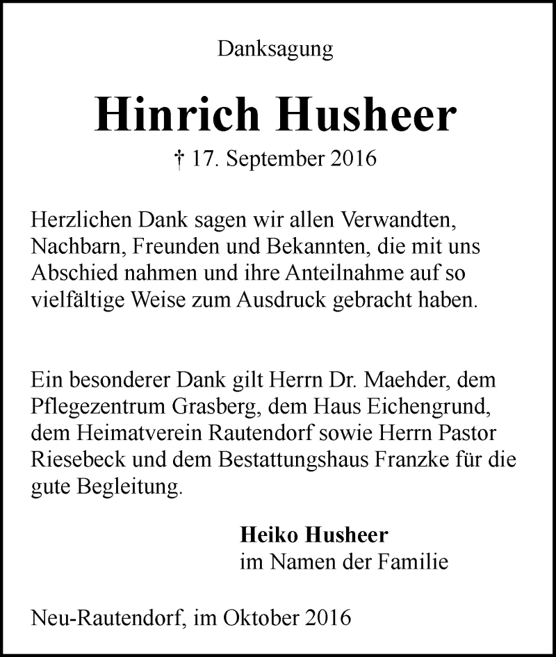 Traueranzeige von Hinrich Husheer von Wuemme Zeitung