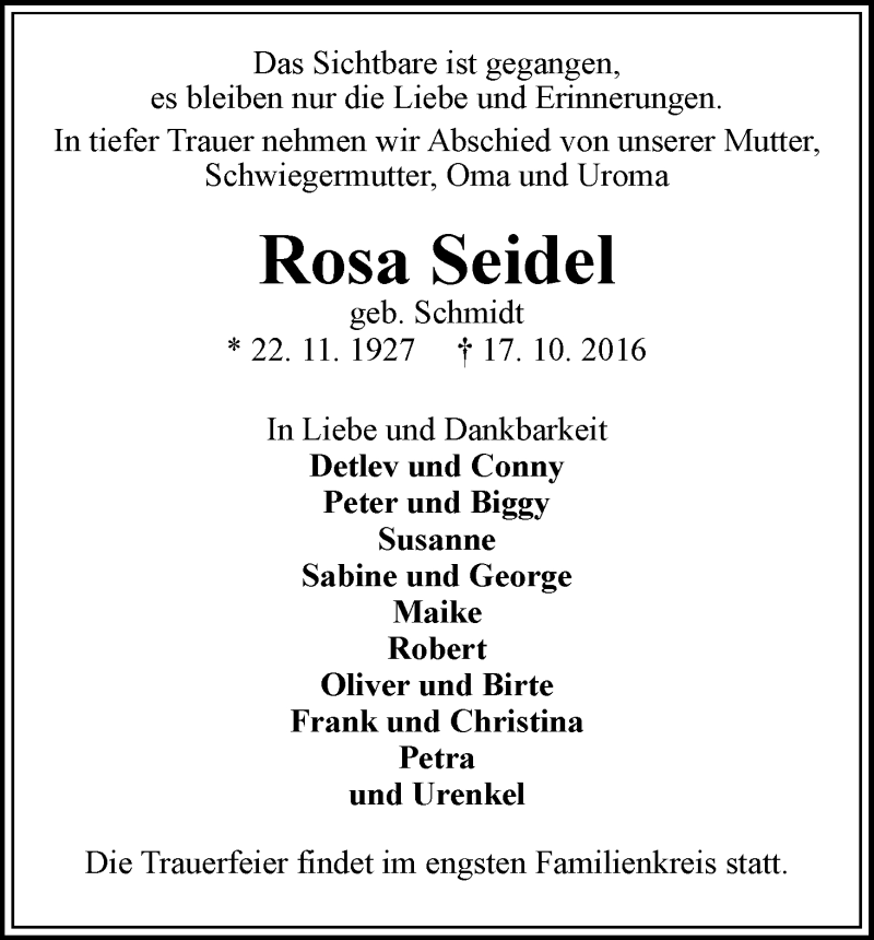 Traueranzeige von Rosa Seidel von WESER-KURIER