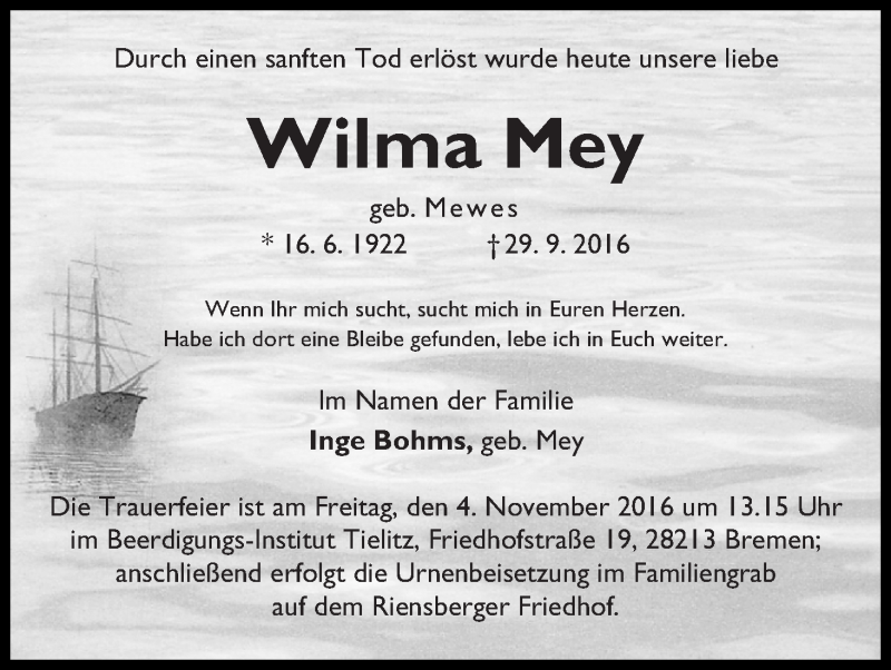 Traueranzeige von Wilma Mey von WESER-KURIER